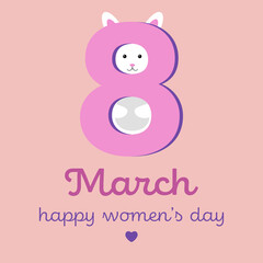 8 march card. Funny rabbit behind number eight on pink background. Vector illustration for Women's day