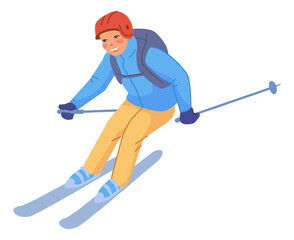 Fun little boy riding on skis. Healthy child activity