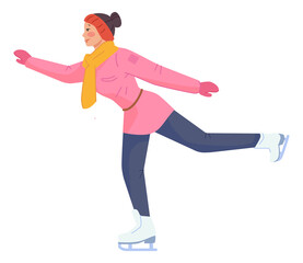 Ice skating person. Smiling woman in warm clothes