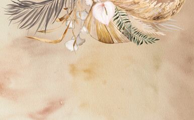 Watercolor Bohemian border with dried leaves and tropical flowers illustration with beige background