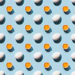 Organic white eggs and yolk with shadow on blue. Abstract seamless pattern. Festive Easter background.