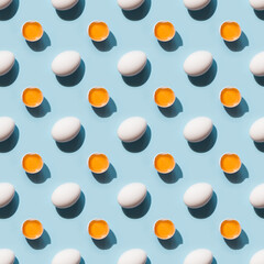 Organic white eggs and yolk with shadow on blue. Abstract seamless pattern. Festive Easter background.
