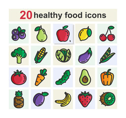 Set of flat color vector icons of healthy food