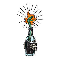 Molotov cocktail illustration with a snake as the wick