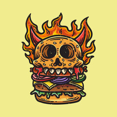 skull monster burger illustration with horns and burning fire © reza