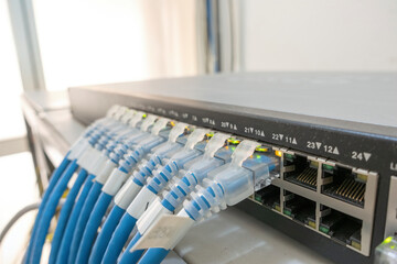 Network switch and ethernet cables in rack cabinet, Computer and information network system technology..