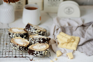 Tiramisu swiss roll. rustic photo
