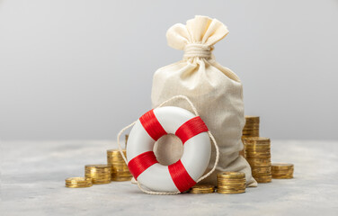Help with finances. Assistance in investing. Money bag and lifeline