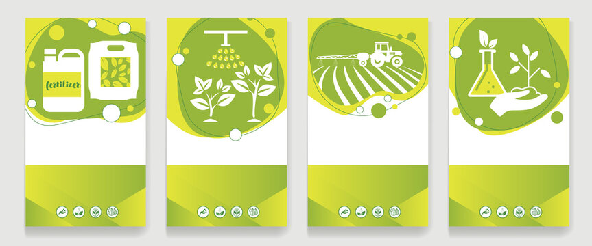 Fertilizer in a bag and canister, tractor fertilizes the soil in the field, irrigation of plants, chemical and organic fertilizers. Vector set of agricultural booklets, banners