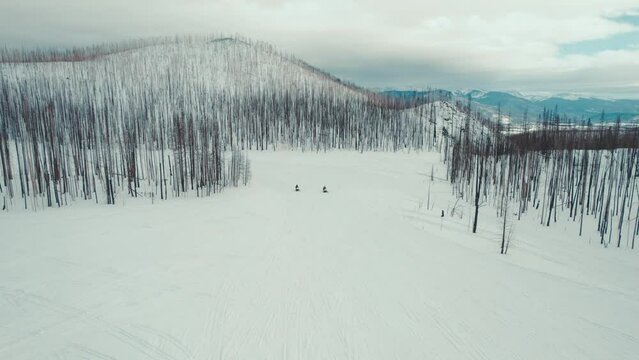 Snowmobiling in Grand Lake Colorado. Drone Aerial Footage Of Two Snowmobiles Racing On Snowy Rocky Mountains Slope Surrounded By Dead Forest Fire Trees