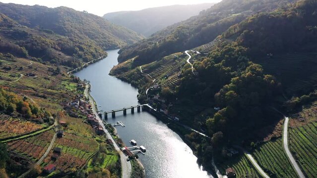 Aerial View Of Bridge Over River Sil In Ribeira Sacra, Lugo, Spain. Famous For It's Lush Vineyard Scenery.