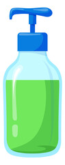Plastic soap dispenser. Cartoon pump bottle with green liquid