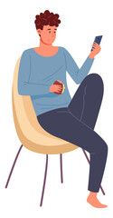 Man in chair using mobile phone. Social media communication