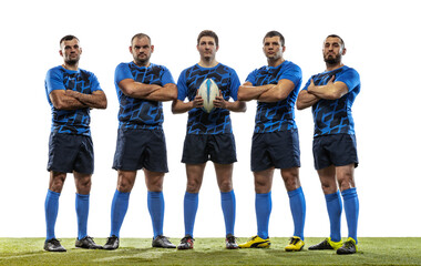 Group portrait of strong athletes, rugby players standing together like team isolated on white background. Sport, activity, health, hobby, occupations concept