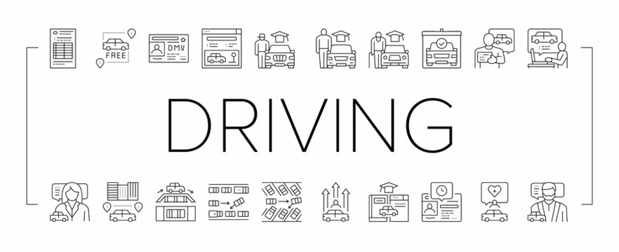 Driving School Lesson Collection Icons Set Vector .