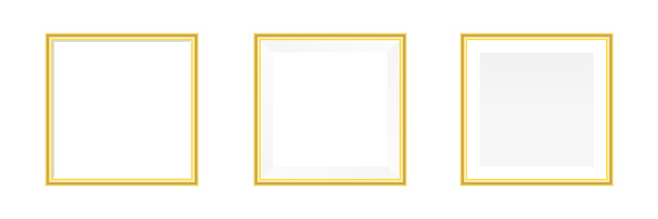 Obraz premium Photo frame square mockup collection. Realistic empty golden frames set. Vector illustration isolated on white.