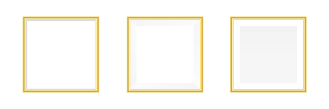 Photo frame square mockup collection. Realistic empty golden frames set. Vector illustration isolated on white.