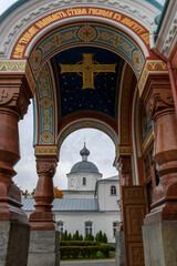 Interior with icons in Russian orthodox cathedral. Valaam monastery.