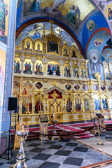 Fototapeta na wymiar Interior with icons in Russian orthodox cathedral. Valaam monastery.