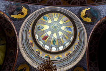Obraz premium Interior with icons in Russian orthodox cathedral. Valaam monastery.