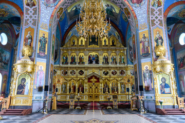 Fototapeta na wymiar Interior with icons in Russian orthodox cathedral. Valaam monastery.