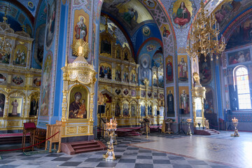 Fototapeta premium Interior with icons in Russian orthodox cathedral. Valaam monastery.