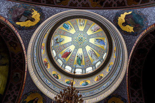 Interior with icons in Russian orthodox cathedral. Valaam monastery.