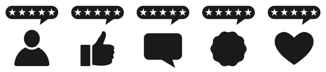 Set of customer reviews icons. Positive review of customer, 5 star. Rating, user feedback concept. Best ranking. Quality service, satisfaction level and critic.