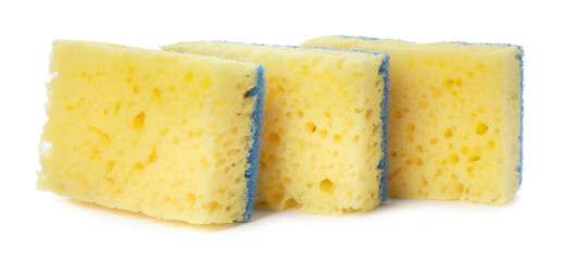 Yellow cleaning sponges with abrasive light blue scourers on white background