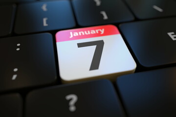 January 7 date on a keyboard key, 3d rendering