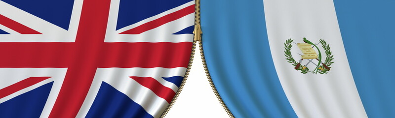 Flags of the United Kingdom and Guatemala and closing or opening zipper between them. Political negotiations or interaction conceptual 3D rendering