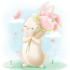 Cute rabbit holding flowers and butterfiles animal carton illustration