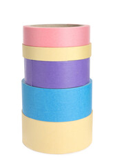 Many different rolls of adhesive tape on white background