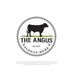 Black angus cow animal logo on grass,Vector Vintage Cow Beef logo design inspiration