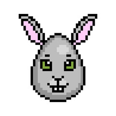 Cute Pixel art Easter egg decorated as a gray bunny, rabbit or hare, 8 bit icon isolated on white background. Animal head avatar. Old school vintage retro 80s, 90s 2d video game, slot machine graphics