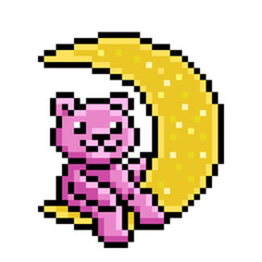 Obraz premium Pink bear sitting on the new moon in the sky, pixel art illustration isolated on white background. Good night card character. Toy teddy print for child's bedroom. Baby room decor. Cute animal poster.