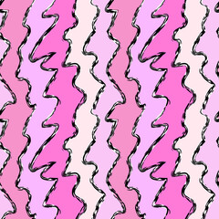 Curly vertical textured stroke lines, shades of pink seamless background. Tender feminine print. Abstract decorative vector pattern for textile, surface, graphic design.