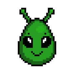 Cute Pixel art Easter egg decorated as a green alien with antennas, 8 bit icon isolated on white background. Animal head avatar. Old school vintage retro 80s, 90s 2d video game, slot machine graphics.