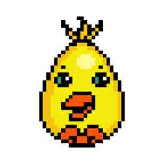 Fototapeta premium Cute Pixel art Easter egg decorated as a chicken with ribbon bow, 8 bit icon isolated on white background. Animal head avatar. Old school vintage retro 80s, 90s 2d video game, slot machine graphics.
