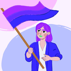 Non-binary lgbt woman with bisexual flag - obrazy, fototapety, plakaty