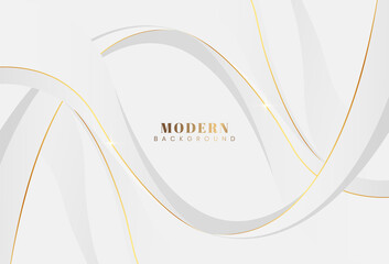 White luxury abstract background with golden waves lines and shadows. Modern futuristic geometric element design. Simple luxury style. Suit for cover, poster, advertising, banner. Vector illustration