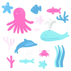 Sea life illustration set. Cute cartoon octopus, whale, crab, fish, starfish, algae, coral, dolphin. Colorful nursery kids nautical marine design elements