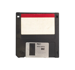 Black 3.5" floppy disk on isolated white background.Computer devices in the '90s for recording data.top-down,front view,top view,flat lay.