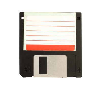 Black 3.5" floppy disk with tag for writing messages. on a isolate white background.Computer devices in the '90s for recording data.top-down,front view,top view,flat lay.
