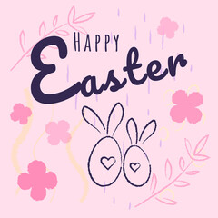 Happy easter card. Easter poster. Vector illustration in hand drawing style. Pink background with eggs and flower.
