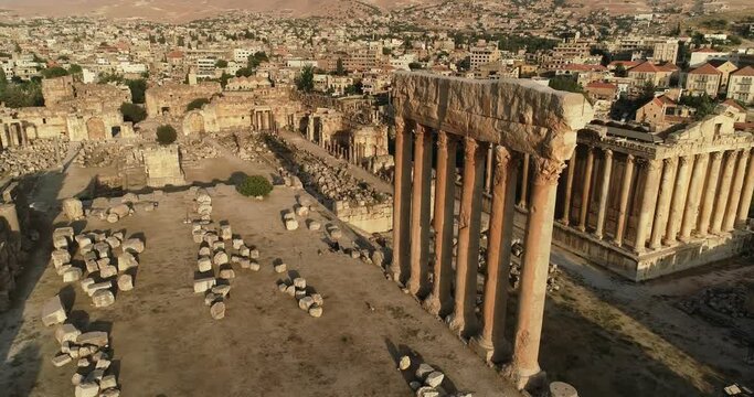 Drone circular view of archaeological site of Baalbek with its magnificent temples. Lebanon. Real time