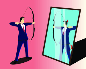 Man with bow and arrow targeting his shadow in the mirror to illustrating that he wanna kill his ego or bad side