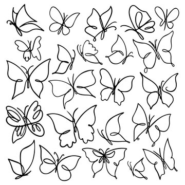 Set of Butterfly continuous line drawing elements set isolated on white background for logo or decorative element. Vector illustration