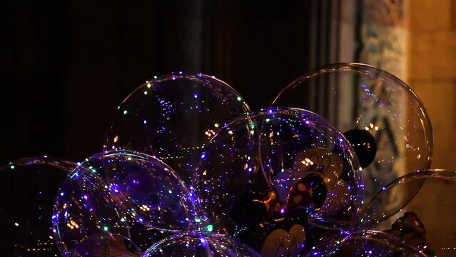 Led Light Transparent Balloons Selling During Night In The City Of Yerevan, Armenia. Close Up