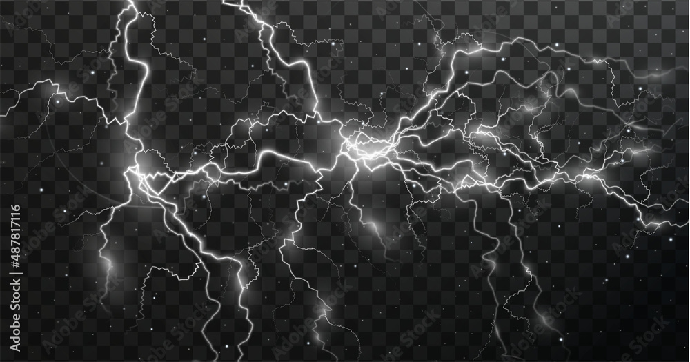 Poster Light white isolated vector lightning png. Magic light abstract lines. Realistic natural lightning effects.